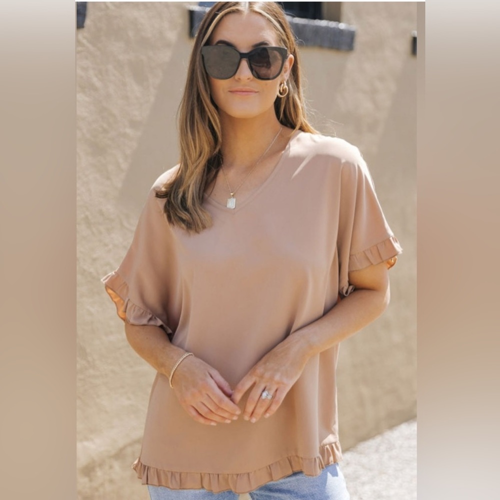 🤎 BOUTIQUE BRAND Khaki Ruffle Trim Top